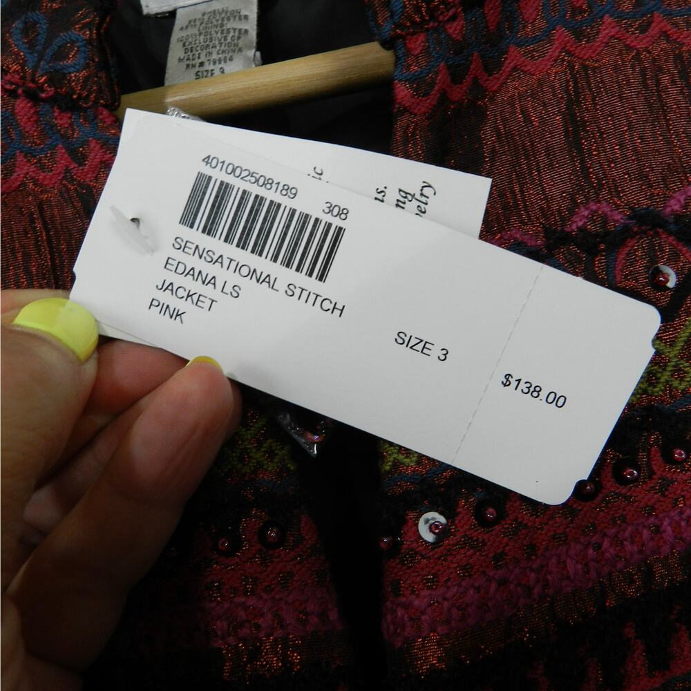 Chico's Jacket Size XL 3 Embroidered Beaded Southwestern Boho Artisan Burgundy - Picture 3 of 12